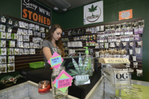 Alex Merrell, a manager at Sticky's Pot Shop in Hazel Dell, organizes merchandise Monday. The shop's owner is fighting Clark County's moratorium on recreational marijuana sales. (Ariane Kunze/The Columbian)