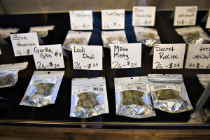 A selection of marijuana is displayed for customers at Main Street Marijuana in Vancouver. Sales are down since legalization in Oregon, but entrepreneurs say business is still robust. (Amanda Cowan/The Columbian)