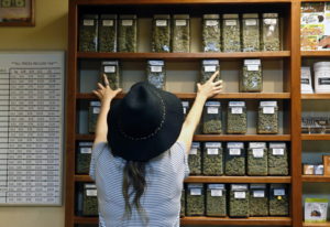 FILE - In this Thursday, Aug. 11, 2016 file photo, an employee arranges glass display containers of marijuana on shelves at a retail and medical cannabis dispensary in Boulder, Colo. According to survey data published online Wednesday, Aug. 31, 2016, in the scientific journal, The Lancet Psychiatry, marijuana use is becoming more accepted among adults as states have loosened pot laws. (AP Photo/Brennan Linsley)